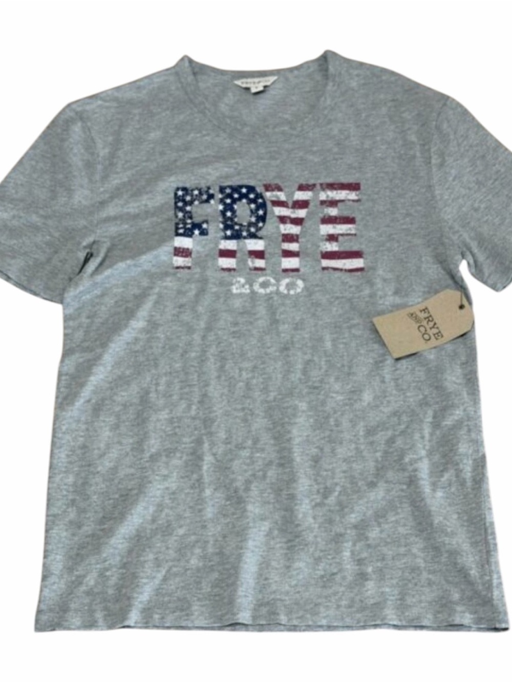 NWT Frye & Co Womens Size S Gray American Flag Logo Tee Patriotic 4th of July